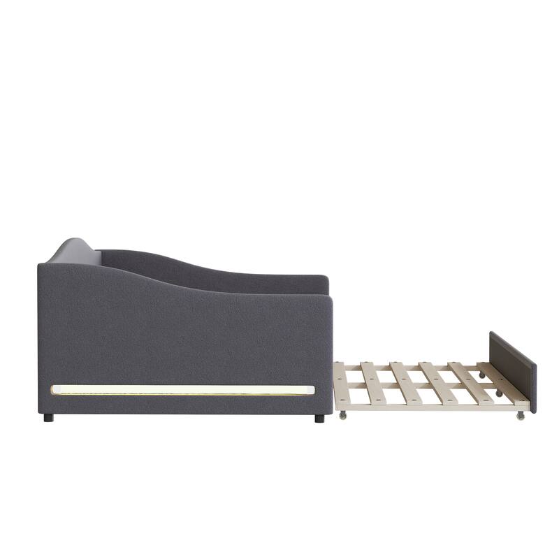 Comfort & Soft Daybed with LED & Trundle, Curve Design-Full Size, Grey