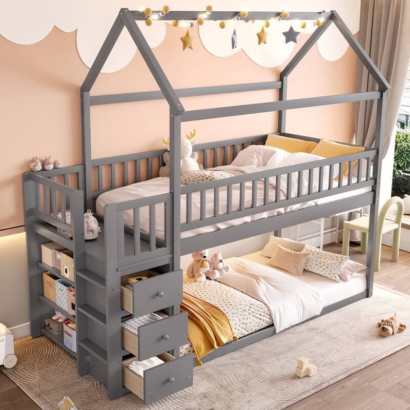 Twin over Twin House Shaped Bunk Bed, Solid Pine Wood Floor Bunk Bed Frame with Shelves and 3 Drawers, No Box Spring Needed