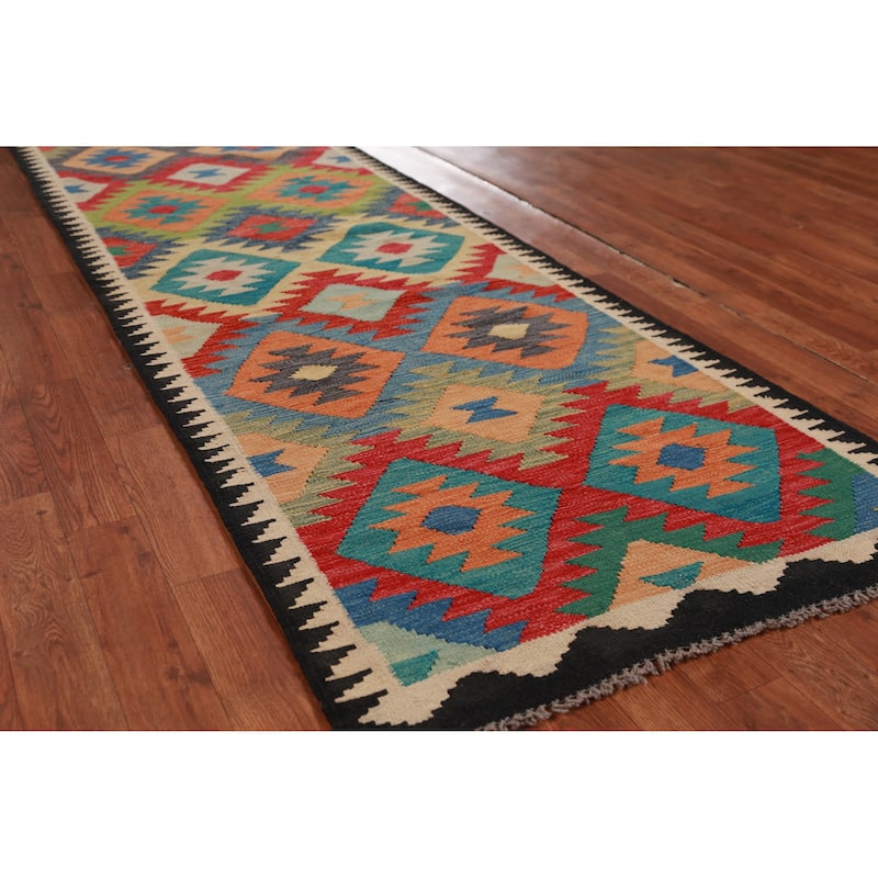 Hand Woven Oriental 100% Wool Carpet Southwestern Geometric Multi-Colored Kilim Runner Rug - 12' 10'' X 2' 9''