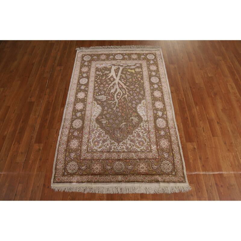 Hand Knotted Oriental Silk & Silver Carpet Traditional Floral Brown Hereke Area Rug - 5' 5'' X 3' 6''