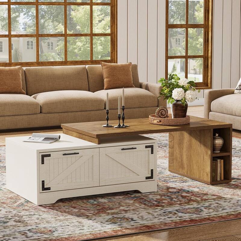 47.24-Inch Extendable Coffee Center Table for Living Room, White and Rustic Brown