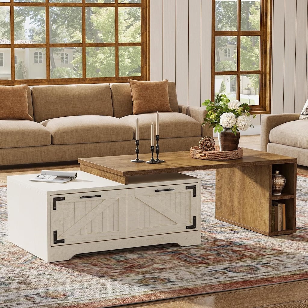 Extendable Large Coffee Table with 2 Storage Drawers and Open Shelves, White & Rustic Brown