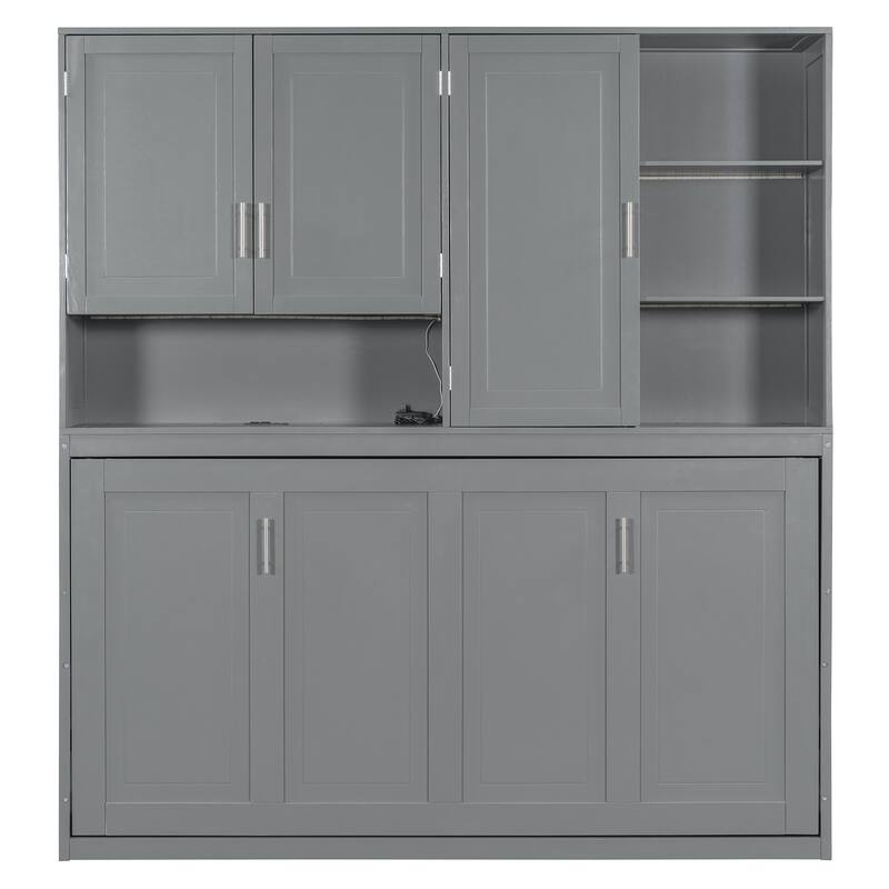 Twin Size Foldable Murphy Bed All-in-one Wall Bed Cabinet with Open Shelves, Top Cabinet, Lights, USB Port and Power Outlets