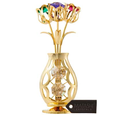 Matashi 24k Gold Plated Flowers Bouquet and Vase w/ Colorful Matashi Crystals | 24k Gold-Plated Table Top Decorations