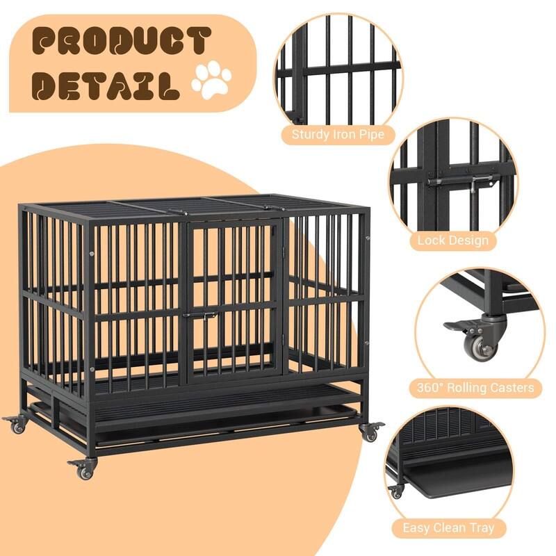 Heavy Duty Dog Crate withDouble Door Wheels ChewProof Metal Kennel for Small Dogs Easy to Assemble