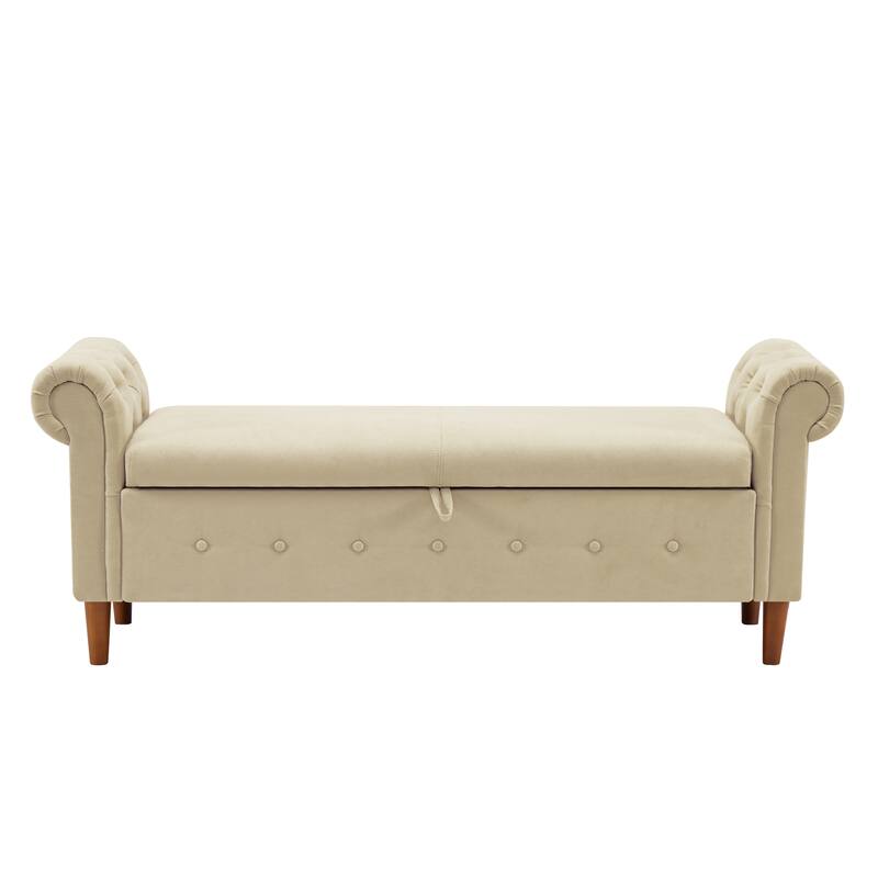 Multipurpose Rectangular Linen Sofa Stool with Large Space Saving Storage, 4 Rubber Wood Feet - 63 x 22.1 x 24.1 inch