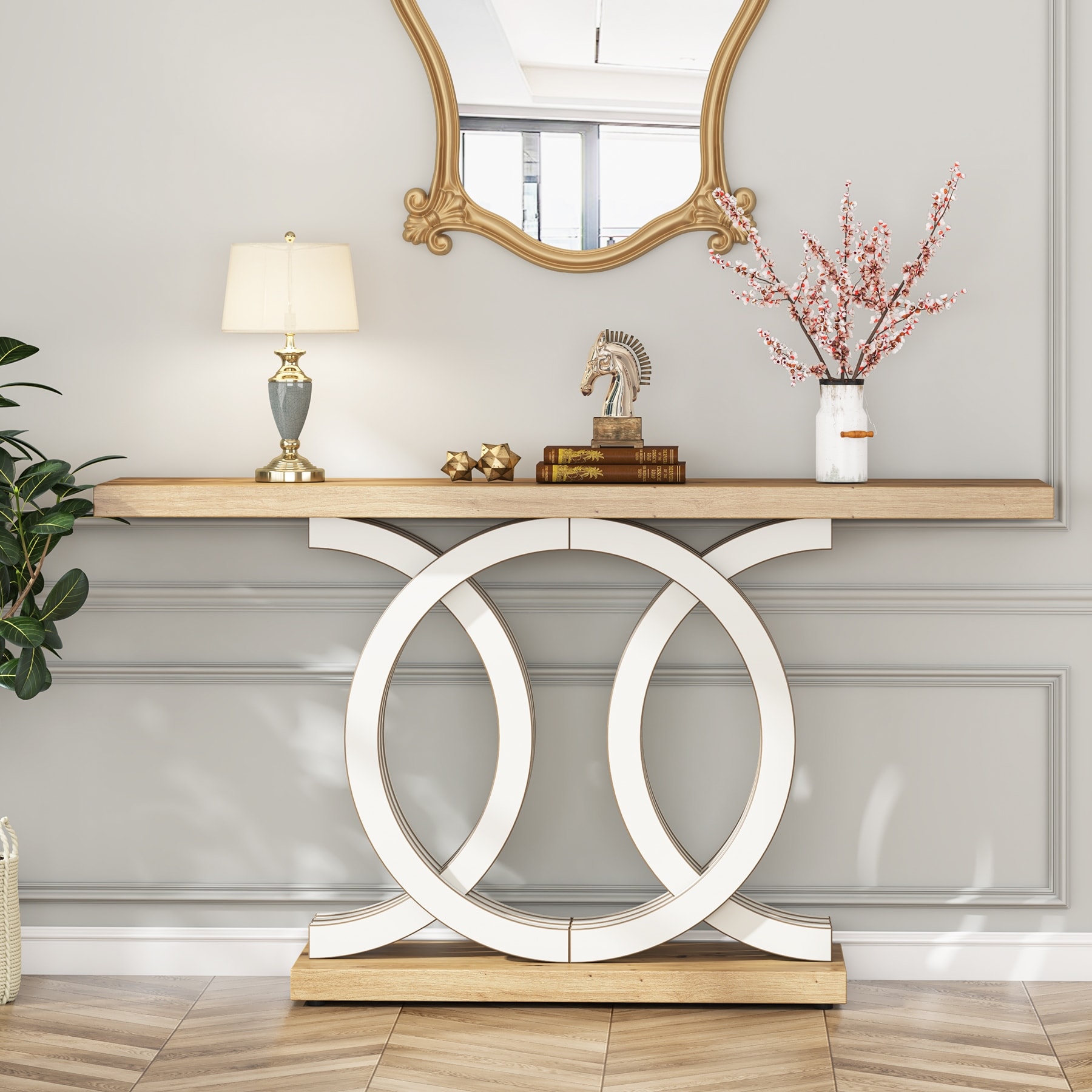 55 Inch Console Table with Geometric Base Wooden Hallway Table