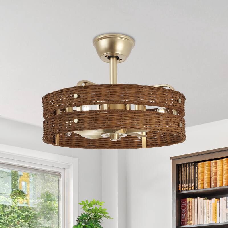 18.5" Boho Rattan Caged Ceiling Fan with Light Kit and Remote Control - Walnut