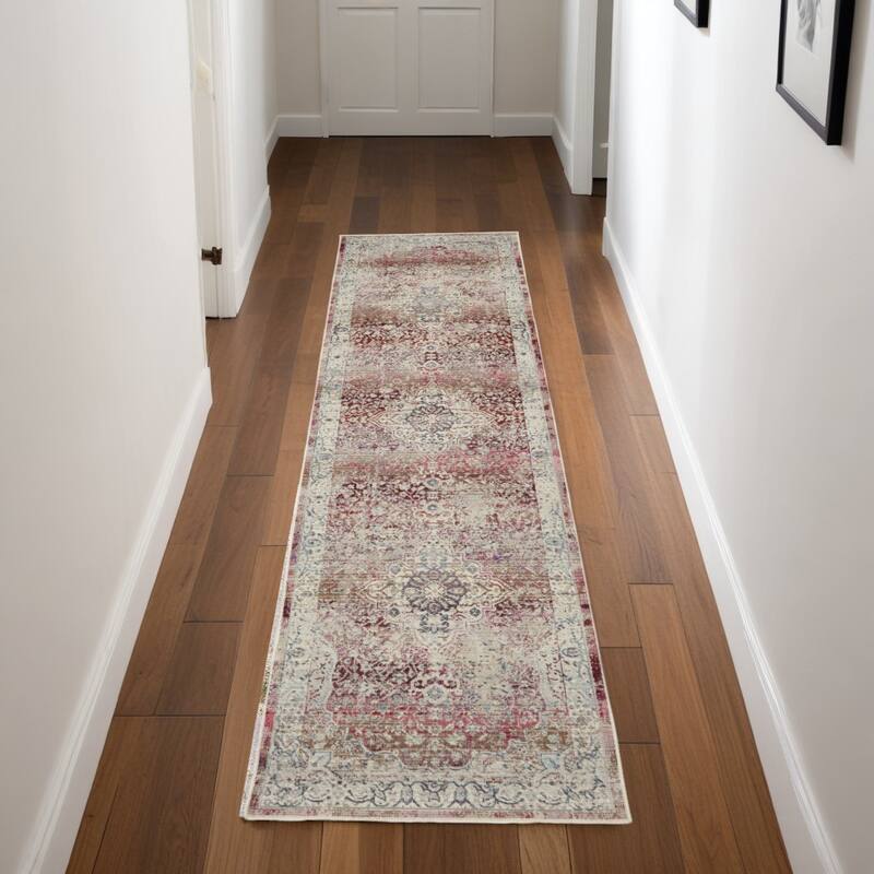 HomeRootsFloral Transitional Runner Area Rug - 96' X '28' X '0.5 - 96' X '28' X '0.5 - Brown/Red/Ivory