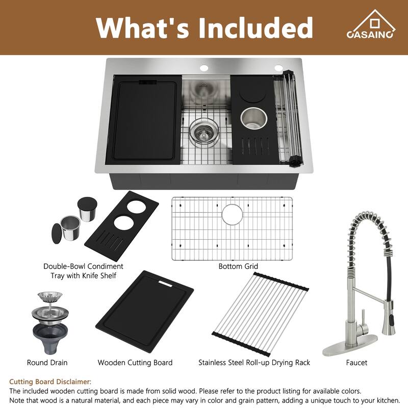 Handmade All-in-One Drop-In 2-hole 33 in. Single Bowl 18 Gauge Stainless Steel Workstation Kitchen Sink with Spring Neck Faucet
