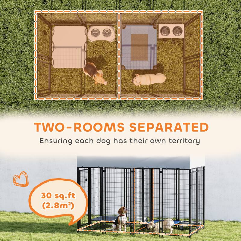 Silver-Black Steel Outdoor Dog Kennel with PE Cover and Two Rooms - 3.6"L x 49.2"W x 72" H