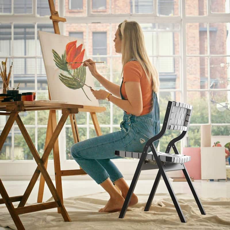 Foldable Chairs Wooden Stackable Dining Chairs for Kitchen & Dining Room Chair Woven Seat & Webbing Back, Dining Chair Set of 2