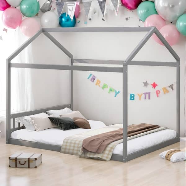 slide 2 of 15, Kids and Baby Queen Size Wooden House-shaped Bed Platform Bed With Headboard For Home Grey