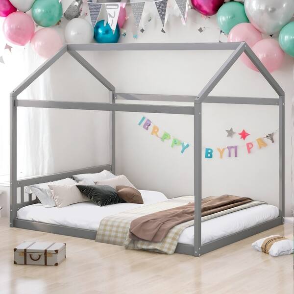 slide 2 of 16, Queen Size Wooden House-shaped Bed Platform Bed With Headboard For Home Grey