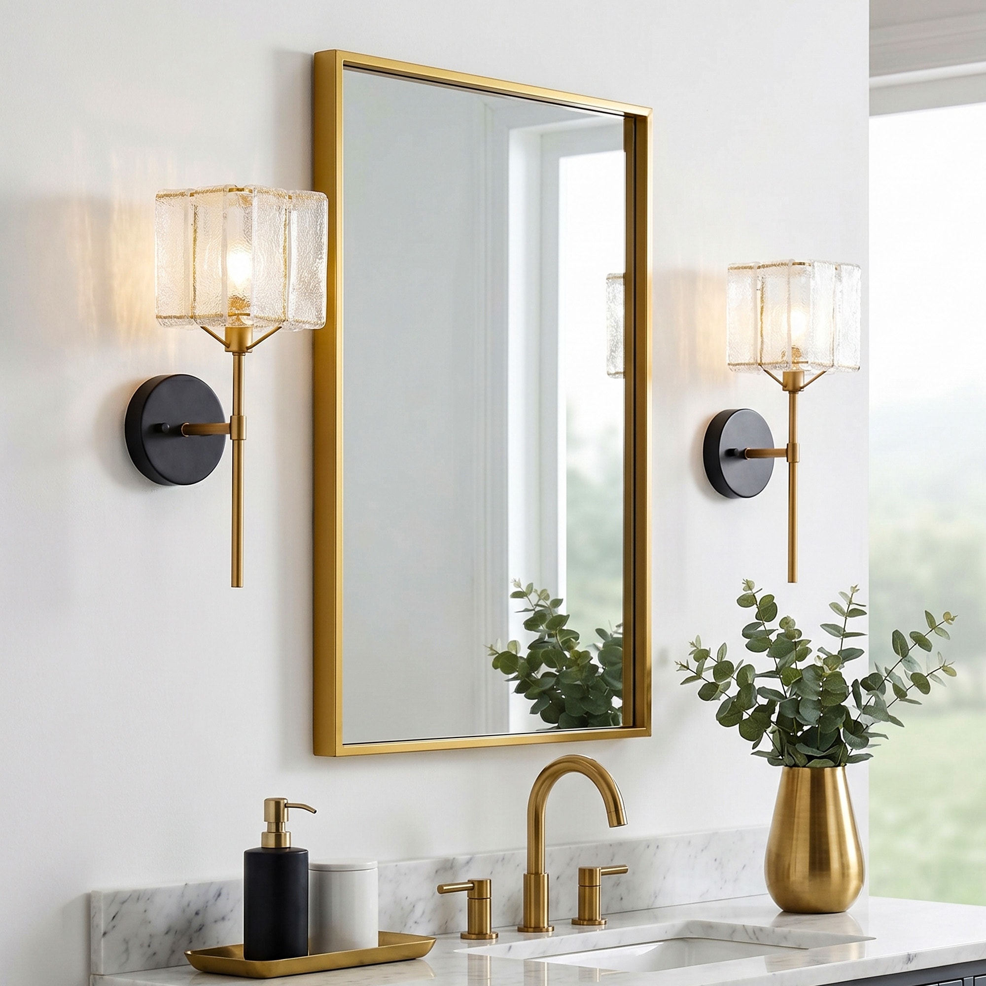 Wall Sconce Gold Vanity Sconce with Ice‑Textured Glass Shades for Bathroom Bedroom Hallway