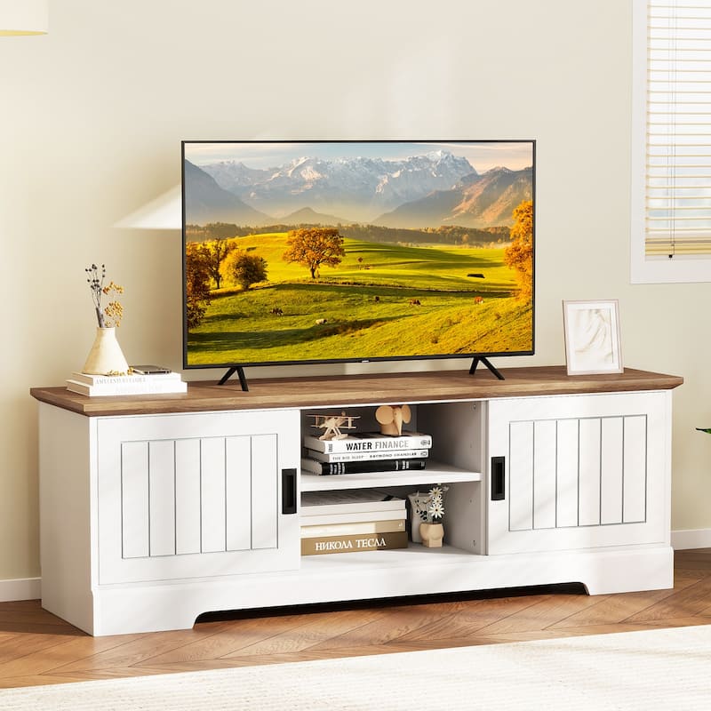 Farmhouse TV Stand for 65 Inch TVs White and Oak Entertainment Center with Sliding Doors and Adjustable Shelves