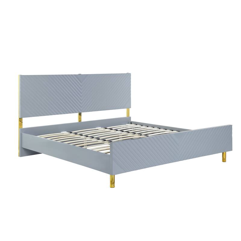 Queen Size Metal Platform Bed with Wave Pattern Design and 660lbs Weight Capacity