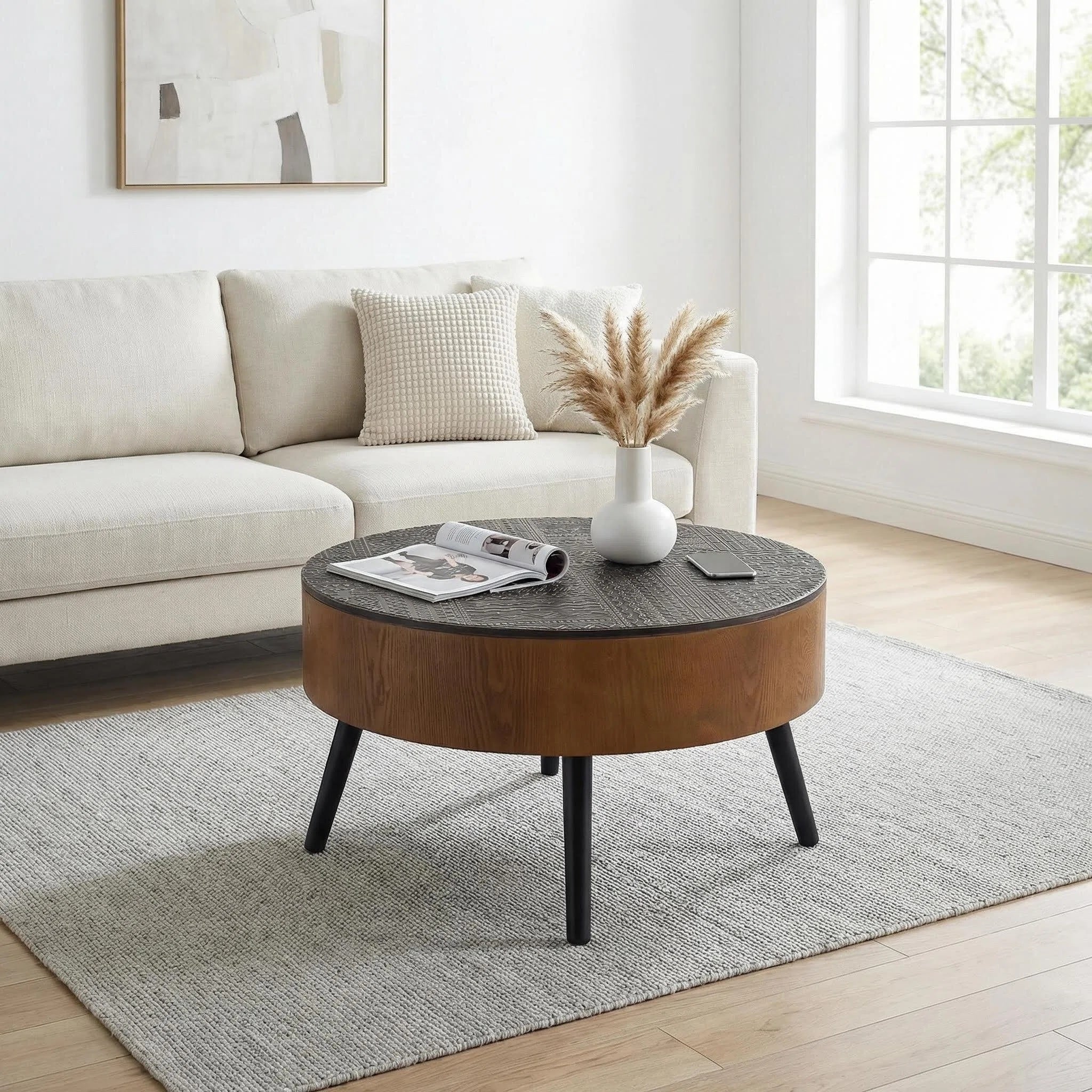 GDFStudio Veyrion Carved Round Coffee Table with Storage and Mid-Century Modern Design