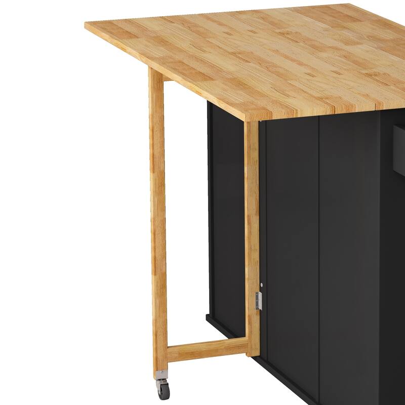Rolling Kitchen Island Cart with Expandable Solid Wood Top, 2 Door Cabinet, 3 Drawers, Spice & Towel Rack for Kitchen Storage