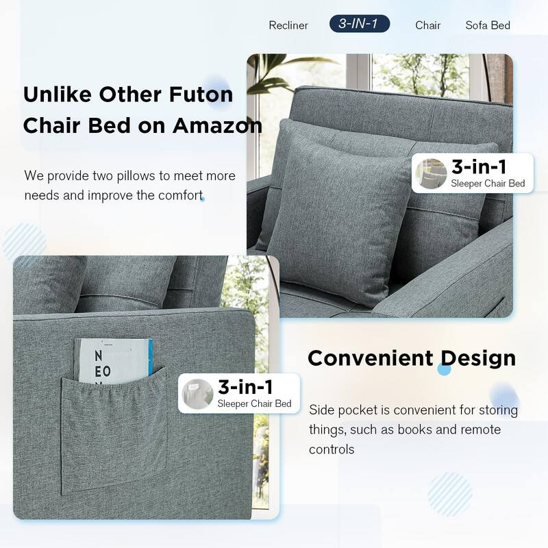 AECOJOY Adjustable Sleeper Chair Bed 3-in-1 Convertible Futon Sofa
