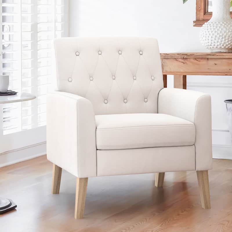 Mid-Century Modern Upholstered Linen Fabric Button Tufted Accent Chair - 28.5 W X 27.25 D X 33.75 H - Beige Linen