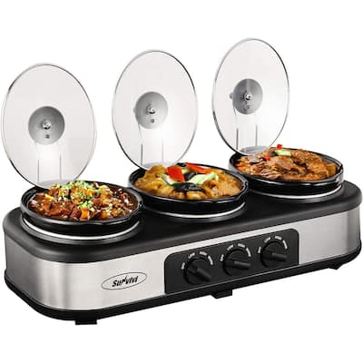 Triple Slow Cooker Buffet Server 3 Pot Food Warmer, 3-Section 1.5-Quart Slow Cooker Adjustable Temp Lid Rests Stainless Steel