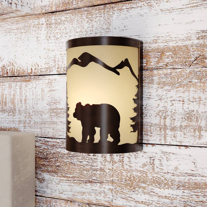 Bozeman 1 Light Bronze Rustic Bear Tree Indoor Outdoor Flush Wall Sconce - 8-in W x 11-in H x 5-in D - Burnished Bronze - 8-in W x 11-in H x 5-in D