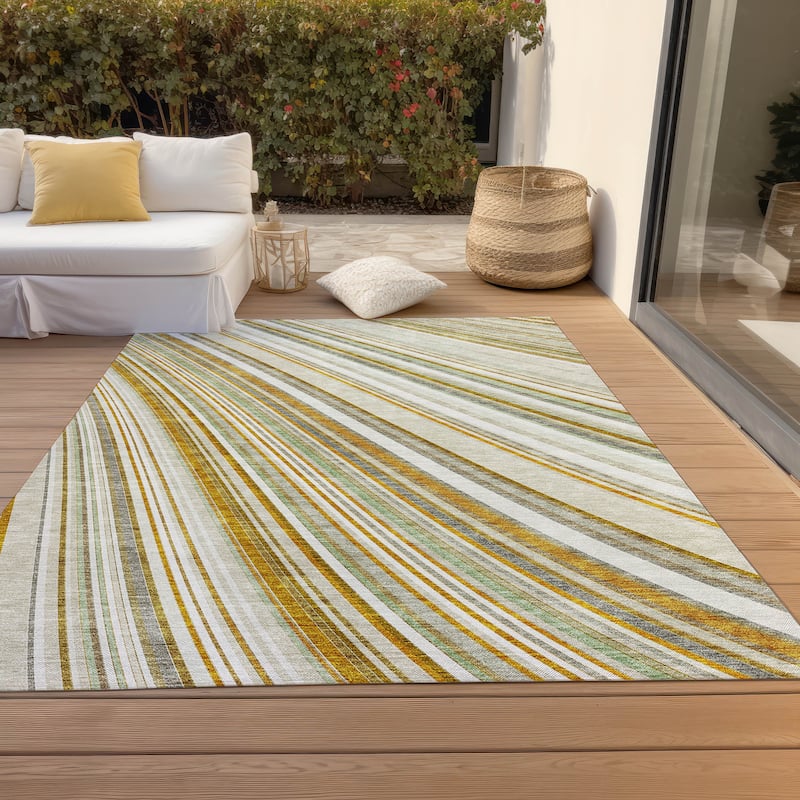 Machine Washable Indoor/ Outdoor Stripe Wave Chantille Rug - Linen - 10' x 14'