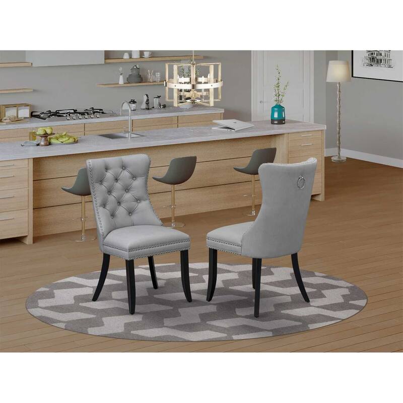 Parson Dining Chairs Set of 2 - Light Gray Faux Leather Padded Chairs with Nailhead Trim