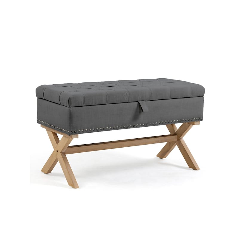 Antique Dark Grey Linen Rectangle Button-Tufted Ottoman