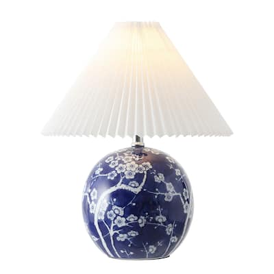 Alessio 19.5" Cottage Classic Chinoiserie Ceramic Orb LED Table Lamp with Pleated Shade, by JONATHAN Y