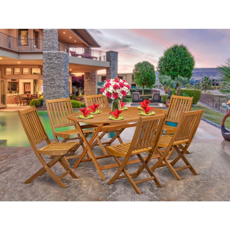 7-Piece Outdoor Table Set - Patio Dining Set with 6 Folding Chairs & Round Table - Natural Wood Finish - 72