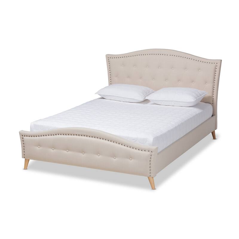 King Size Platform Bed - Modern Beige Upholstered Bed with Button Tufted Headboard & Angled Legs