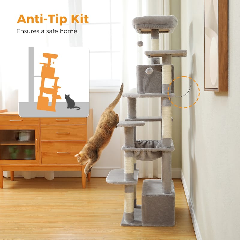 64.5" Cat Tree with Sisal-Covered Scratching Posts, 2 Padded Perch, Dual Condo and Basket