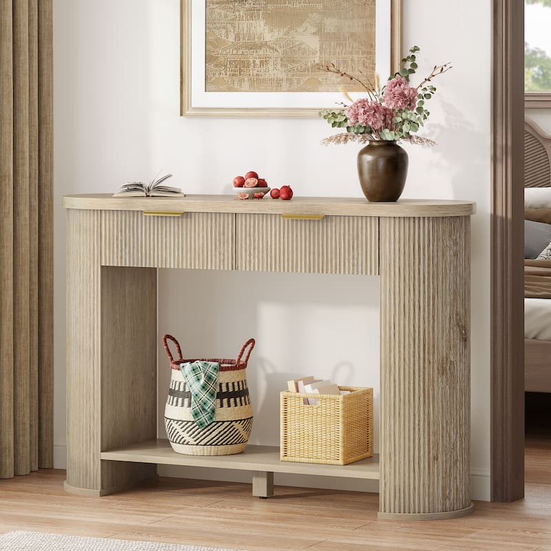 Moasis 2-Tier Fluted Console Table Narrow Sofa Table with Drawer and Storage Shelf for Entryway - Oak - 47"
