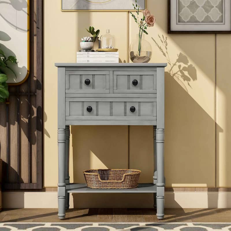 23.7"L Console Table with 3 Storage Drawers and Bottom Shelf - Antique Grey