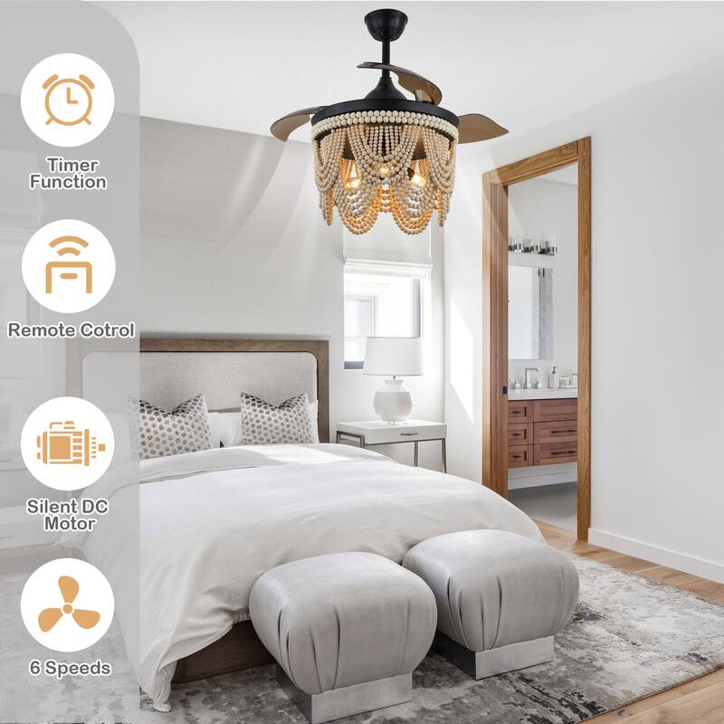 Cusp Barn 42" Retractable Ceiling Fan with Light, Farmhouse Wooden Bead Chandelier, Quiet DC Motor 6 Speeds Bohemian Ceiling Fan