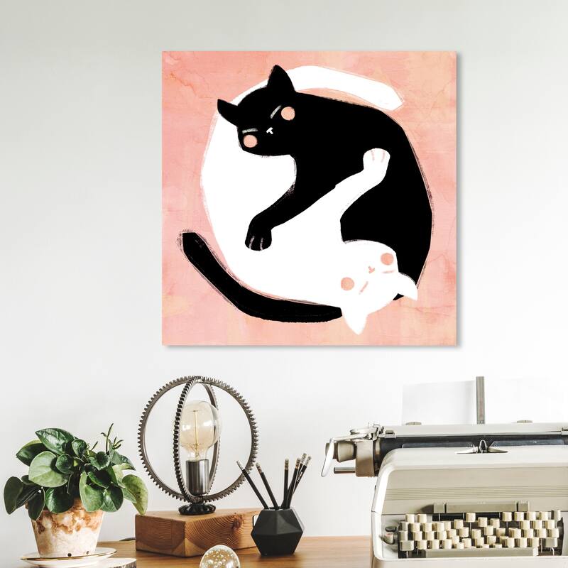 Wynwood Studio 'Yin Yang Cats' Animals Wall Art Canvas Print Cats and Kitties - Pink, White - 12 x 12