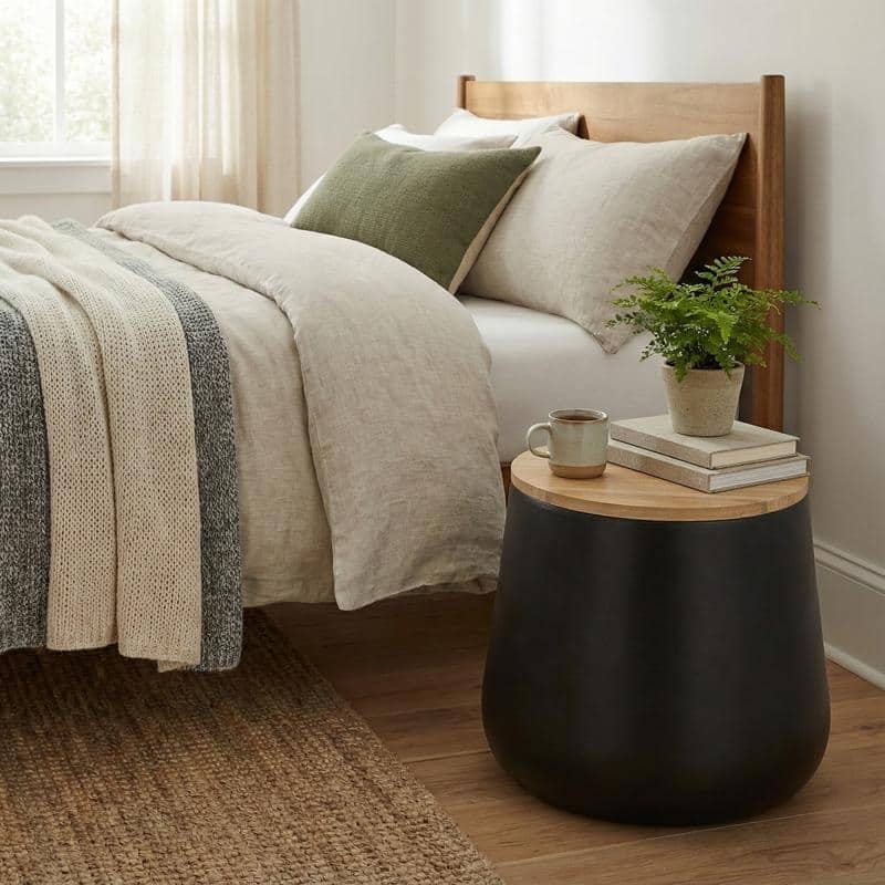 Orunel 19-inch Round Storage Side Table, Fiberstone Indoor Accent Table with Hidden Storage & Removable Lid