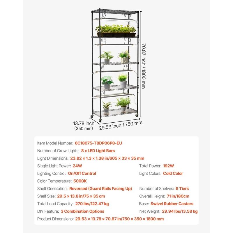 Black Metal 6-Tier Indoor Plant Stand with 8 Cold LED Grow Lights and DIY Shelves - 29.53 x 13.78 x 70.87 in/