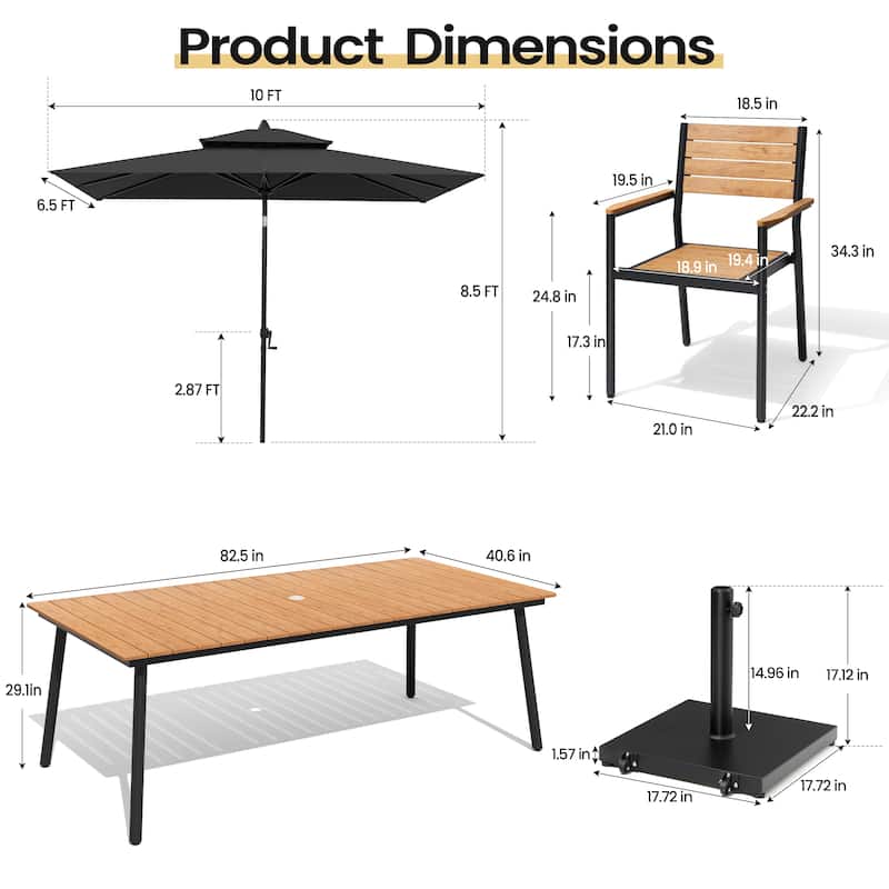 11PC Outdoor Patio Dining Set Aluminum Table with Stackable Armchairs w/ Premium Market Umbrella Sets