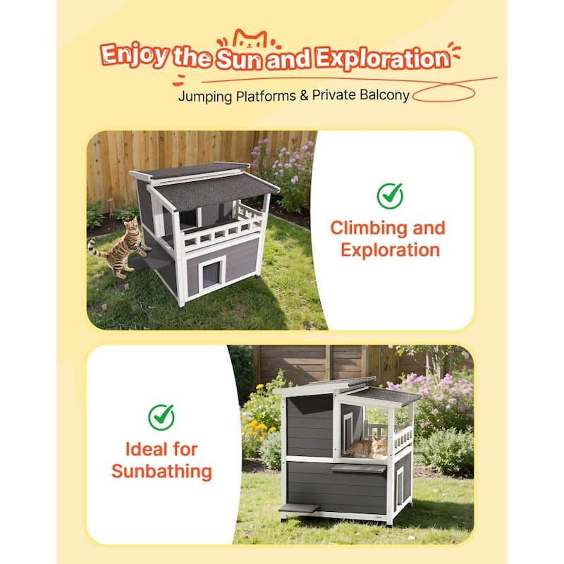 White-Grey Insulated Outdoor Wooden Cat House with Weatherproof and Two-Story Shelter for Multiple Cats
