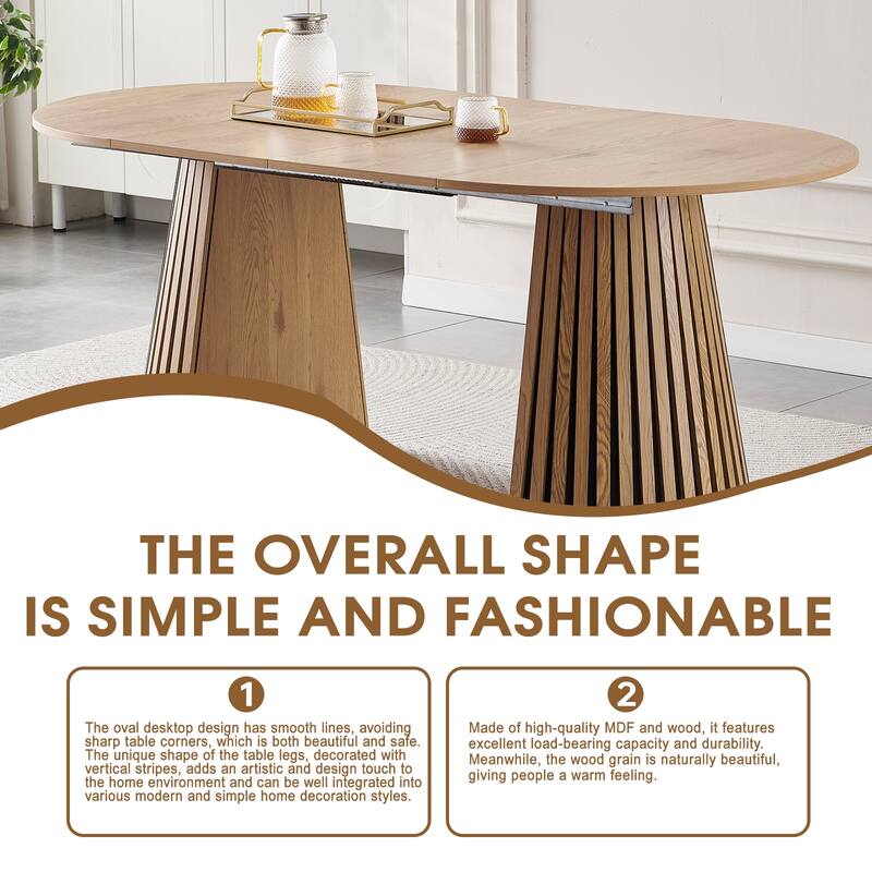 Wooden Dining Table, Flexible and Extendable, Multi-functional and Space-saving, Fashionable Oval Design and Slatted Table Legs