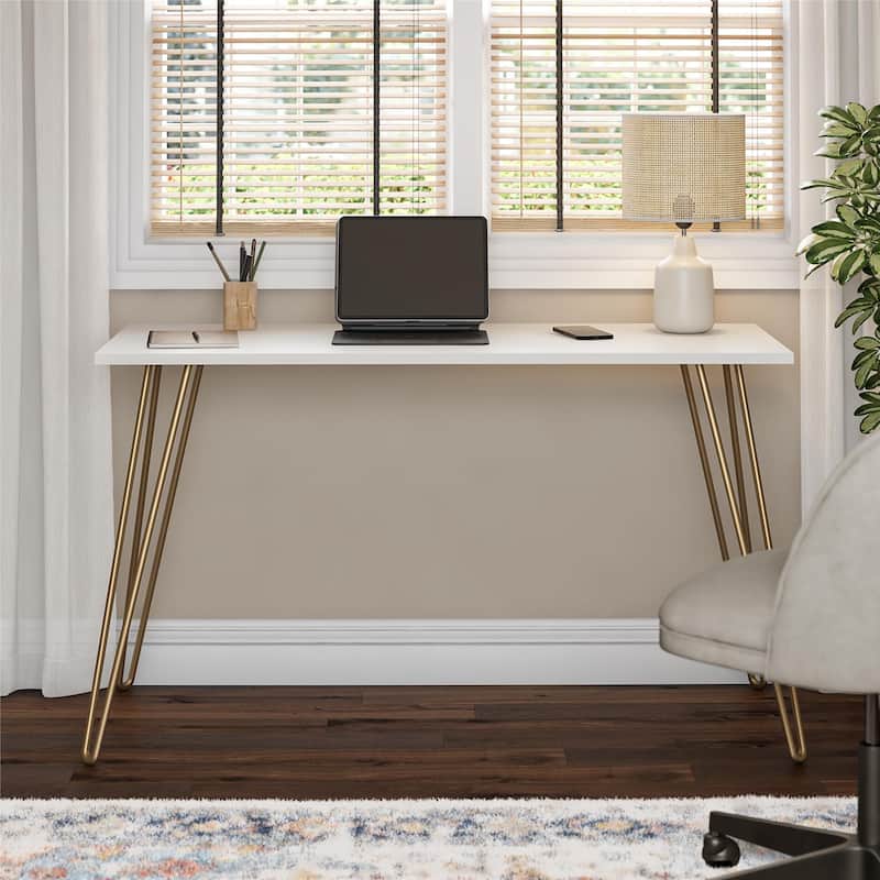 Anmytek White Modern Home Office Writing Desk with Gold Legs for Home ,Office - White
