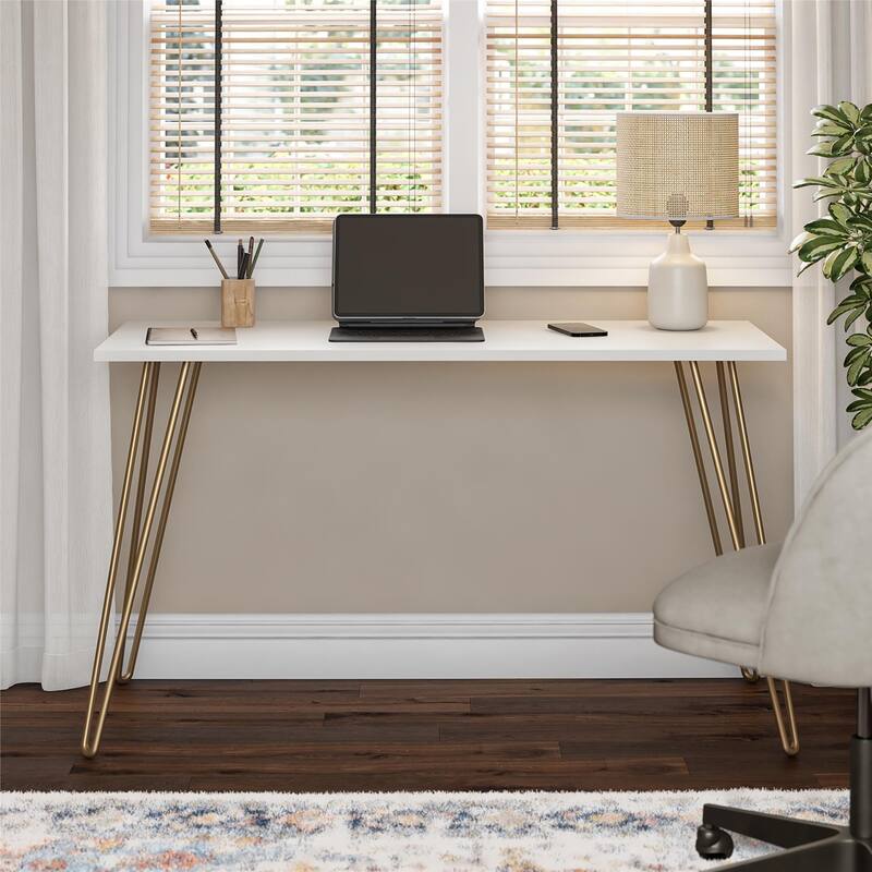 Writing Desk with Hairpin Legs Engineered Wood Top Minimalist Industrial Design - White+Gold