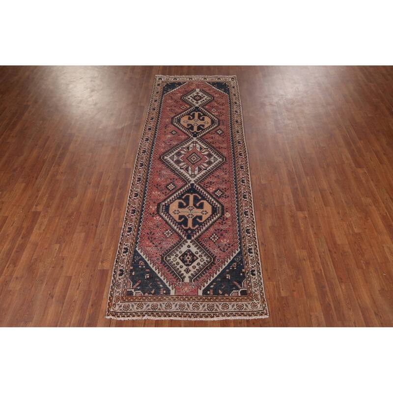 Distressed Bakhtiari Vintage Persian Runner Rug Handmade Wool Carpet - 3'7" x 9'9"