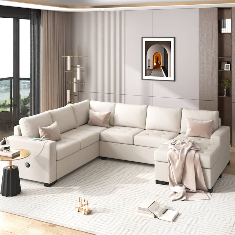 Modern L-Shaped Corner Living Room Combination Sofa with Ottoman, USB