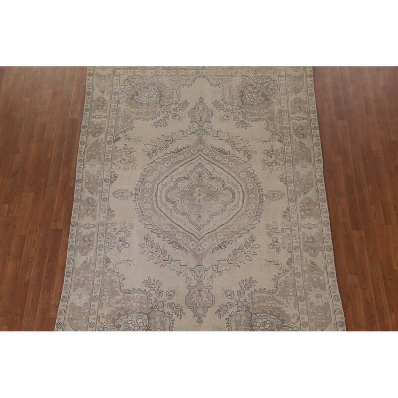 Hand Knotted Oriental 100% Wool Carpet Traditional Medallion Beige & Ivories Tabriz Area Rug - 9' 4'' X 6' 5''
