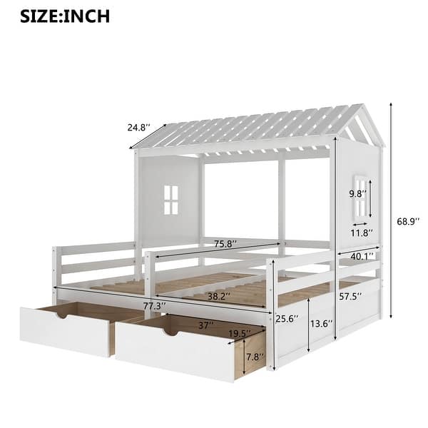 dimension image slide 1 of 2, Twin Size House Platform Beds with Two Drawers Shared Beds, Combination Of 2 Side By Side Twin Size Beds