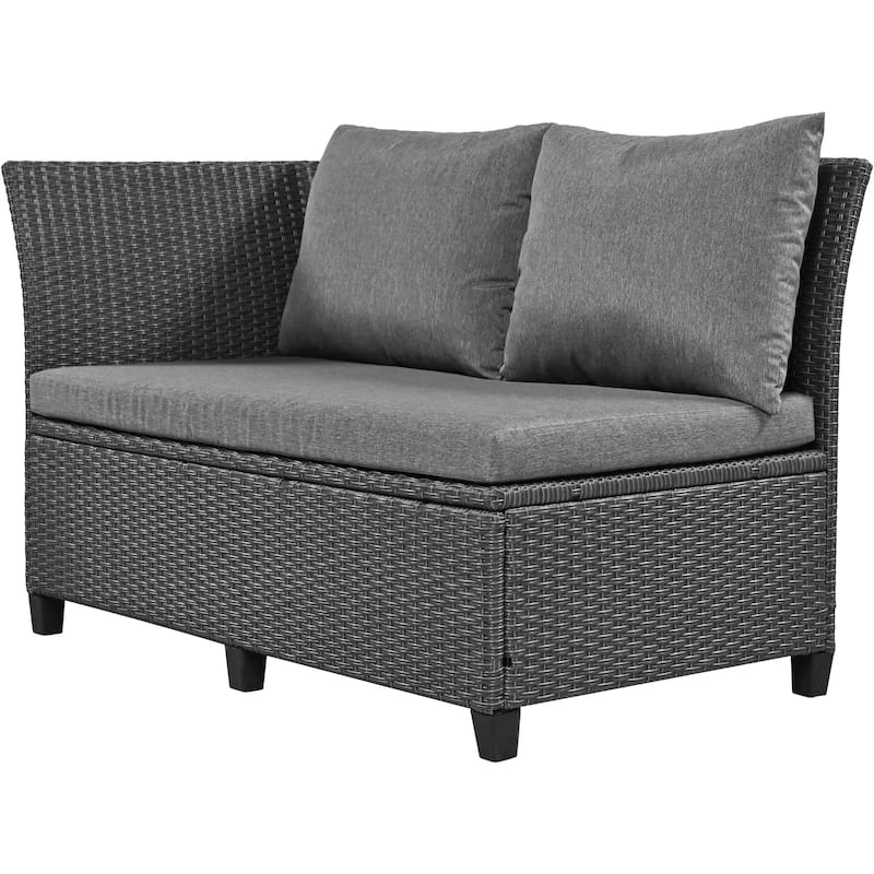 Roomfitters 5-Piece Outdoor Rattan Sofa Set, Patio Sectional Furniture with Dining Table, Storage Bench, Side Trays